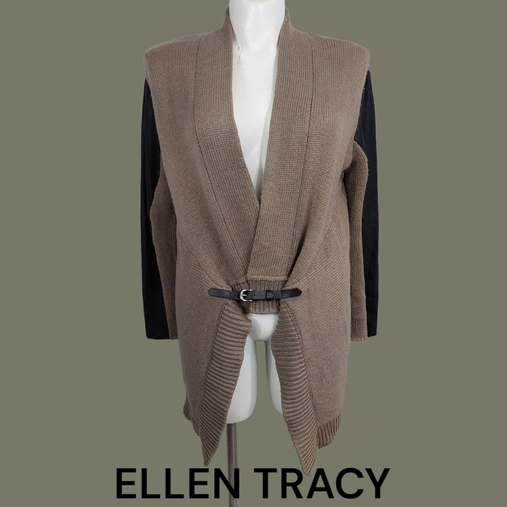 Ellen Tracy High Low Sweater Jacket Size M/L Buckle Front Faux Leather Sleeve